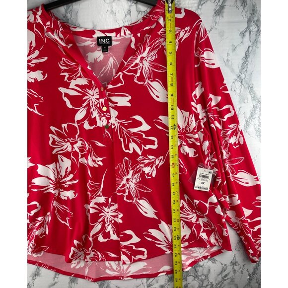 I.N.C. Womens 3X Button Placket Top V-Neck & bright red White Floral Long Sleeve - Picture 3 of 9